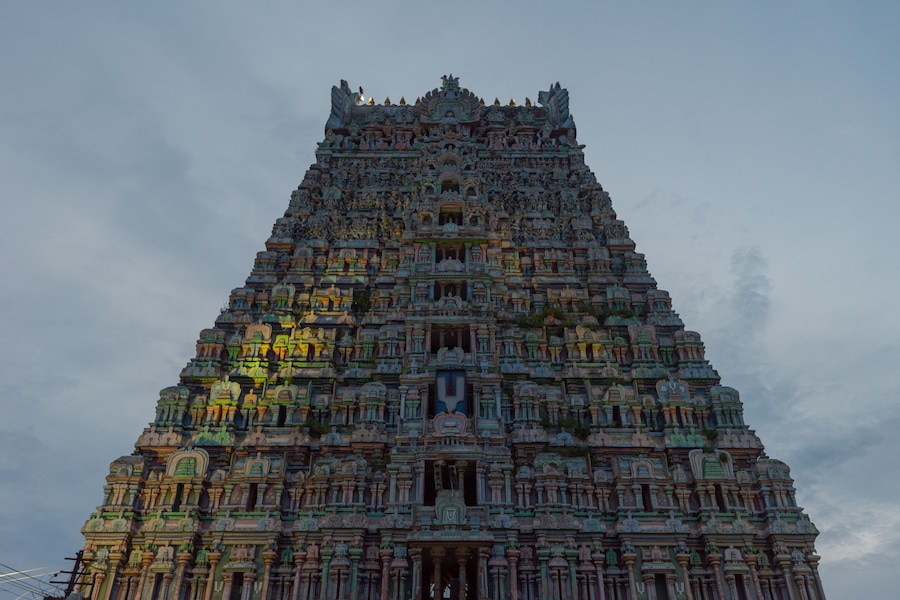 Illuminated facade of Rajagopalaswamy Temple in Mannargudi in the evening