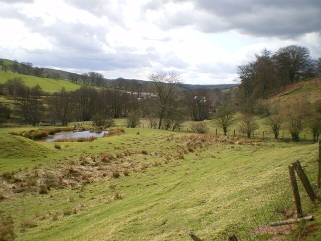 Paisaje rural con un estanque, colinas onduladas y árboles dispersos.