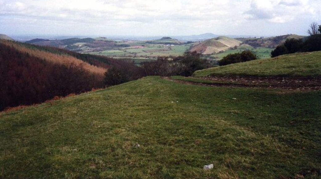 Track to Upper Vessons Farm From the hillside looking east across the valley to the lozenge-shaped Lawn Hill and to its left Broom Hill with the wooded top. The Wrekin in the far distance behind Lawn Hill. On the left is Eastridge Wood.