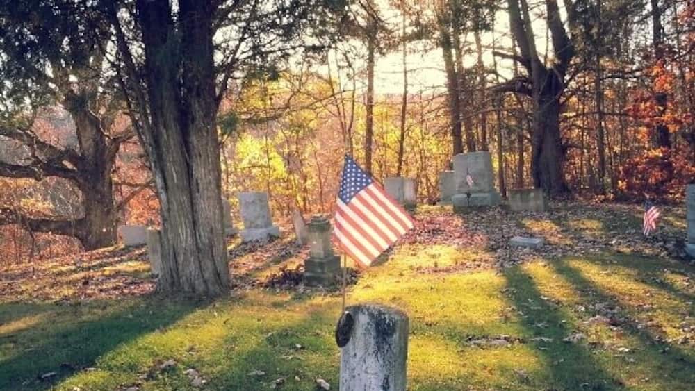 A gravestone with an American flag in a cemetery with trees and sunlight.