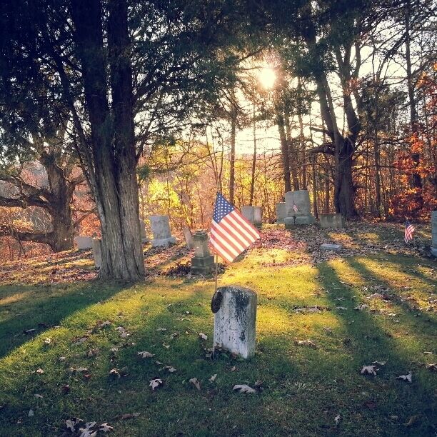 A gravestone with an American flag in a cemetery with trees and sunlight.