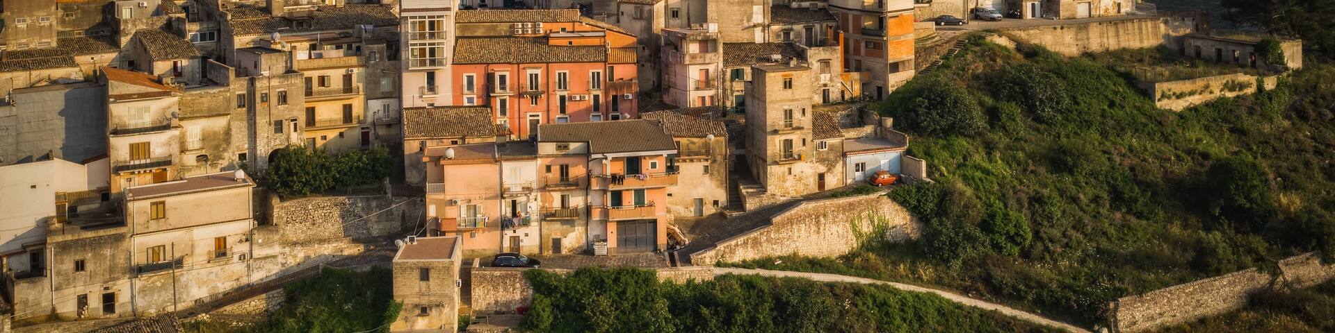 Italy, Sicily, Ragusa District, Monterosso Almo. June 2023. Amazing aerial panoramic piture from drone.