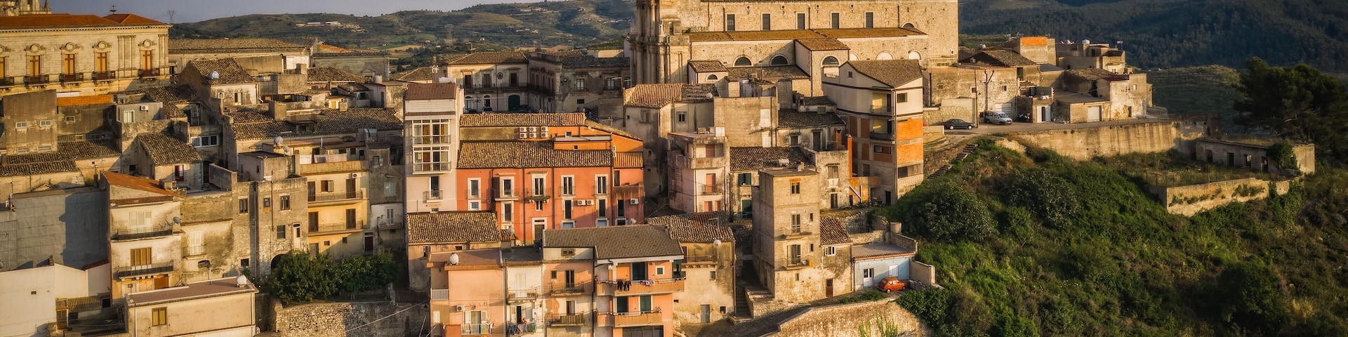 Italy, Sicily, Ragusa District, Monterosso Almo. June 2023. Amazing aerial panoramic piture from drone.