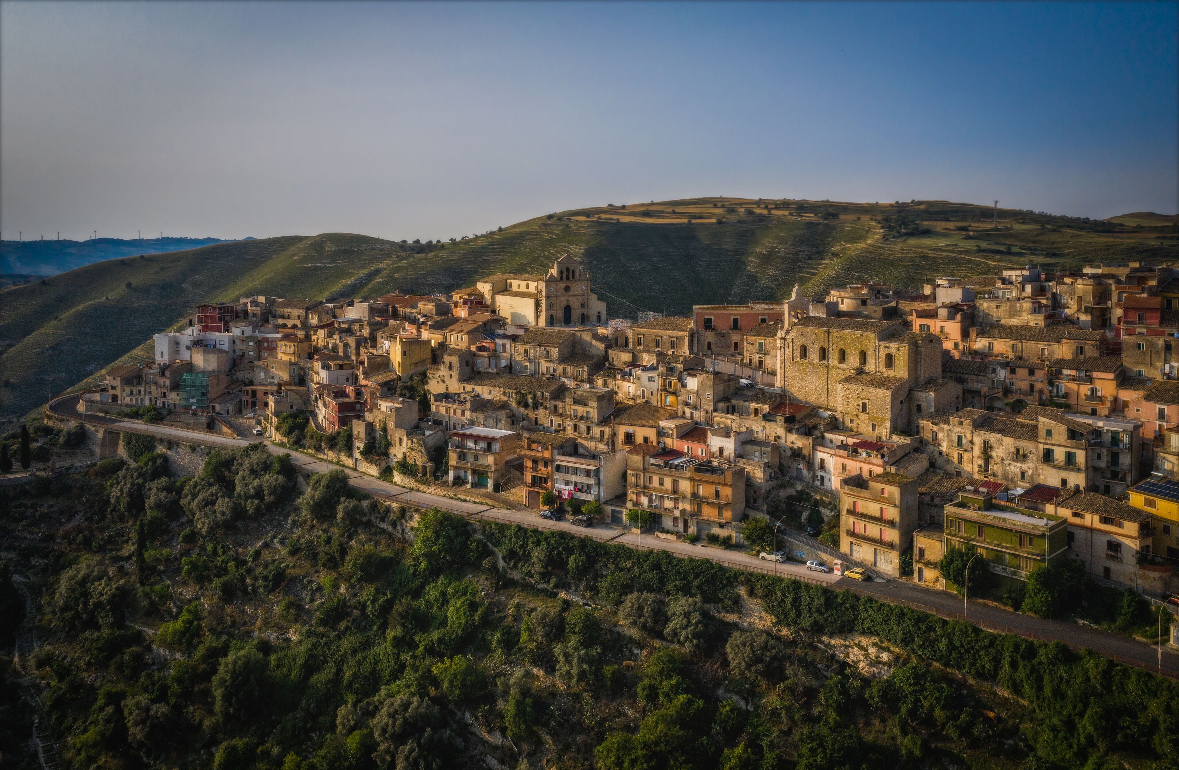 Italy, Sicily, Ragusa District, Monterosso Almo. June 2023. Amazing aerial panoramic piture from drone.