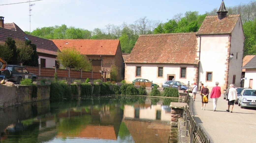 Kuttolsheim. Source sulfureuse utilisé par les thermes jusque dans les années 50 et comme lavoir à chevaux. Au fond, la chapelle Sainte Barbe du 13è siècle (tour) - 17è siècle (nef).