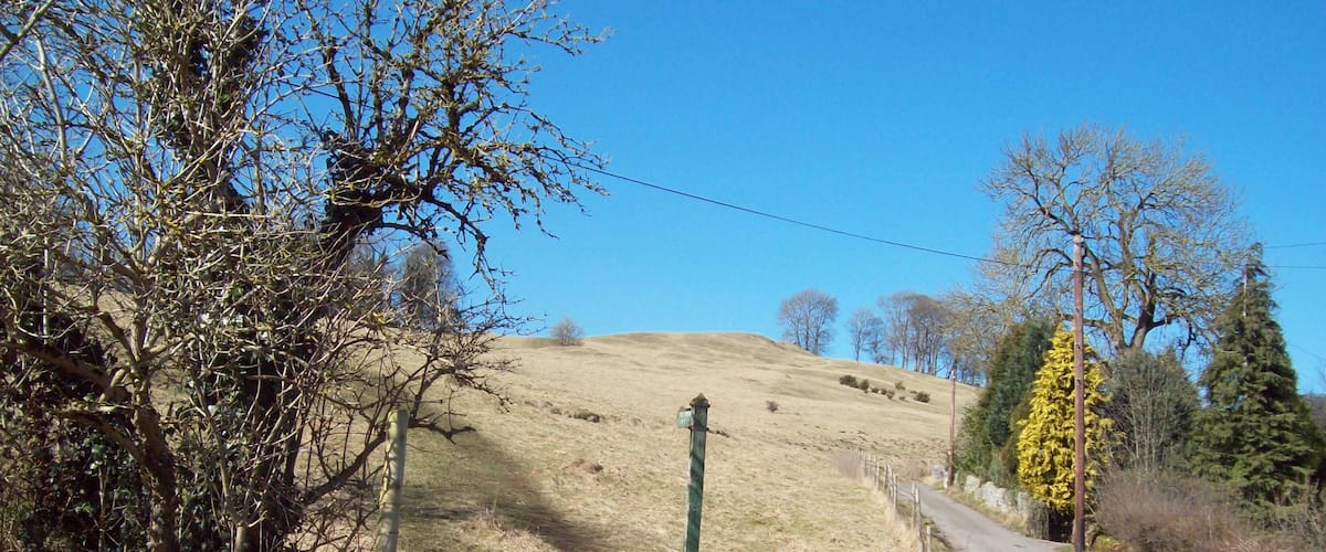 A rural road with a wooden gate, surrounded by trees and a hill in the background.
