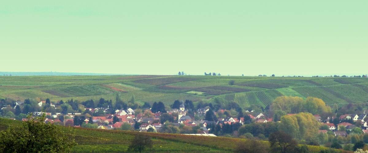A rural landscape with rolling hills, a village with red-roofed houses, and a church tower.