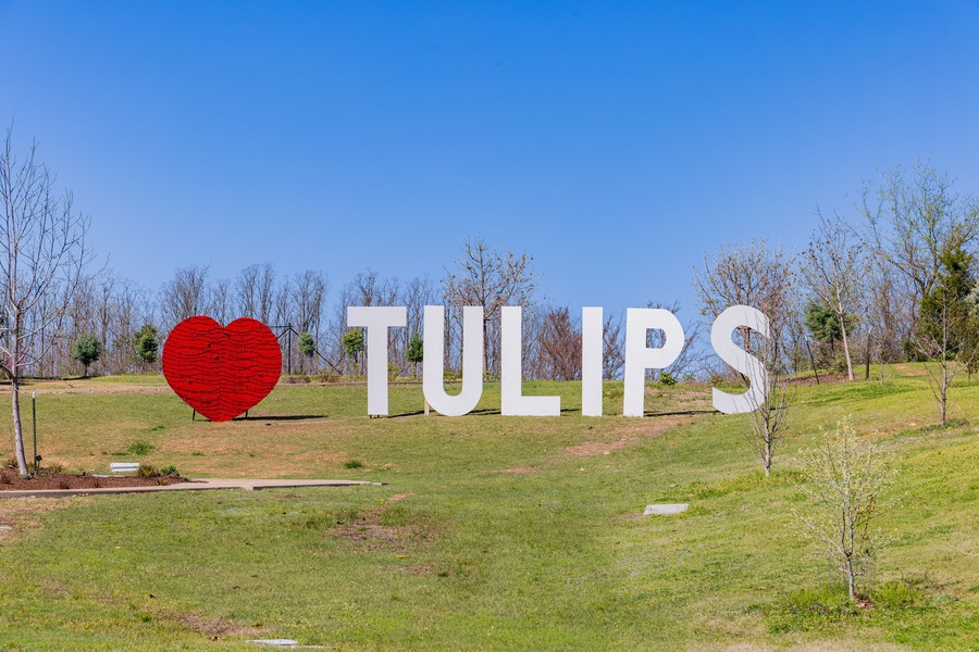 Close up shot of Tulip text in the Tulsa Botanic Garden at Oklahoma