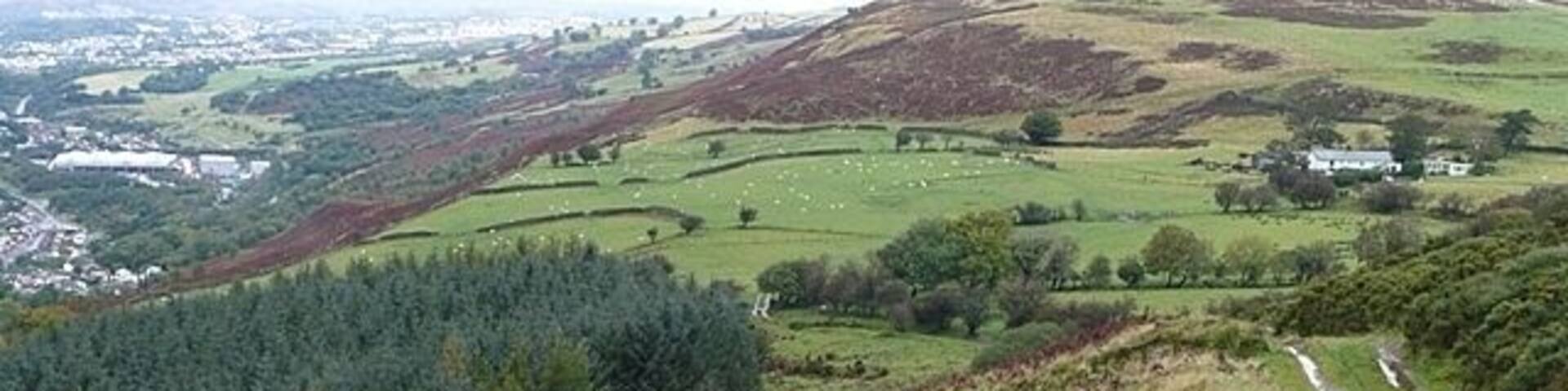 Track from Mynydd y Capel Going north, the track descends to the road towards Penddeaugae Fach Farm, seen ahead overlooking the Taff valley.