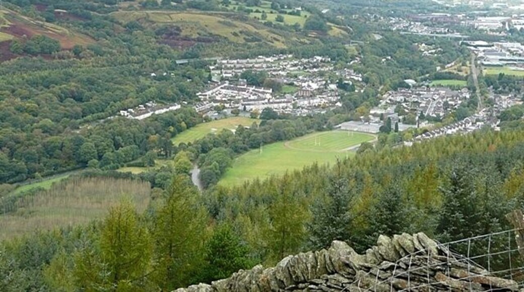 Looking down on Troedrhiw The picture is centred on a sports ground at the southern end of Troedrhiw, know as Mount Pleasant. There is a school just beyond and the railway line can be seen curving round it. The River Taff goes to the left of the playing fields.