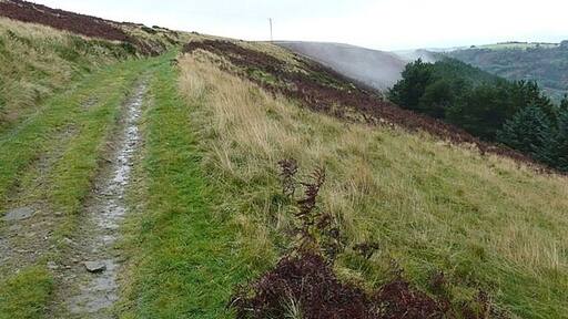 Track towards Mynydd y Capel This path skirts the western side of the high ground leading to Forest Chapel, above a steep forest slope that drops down to Merthyr Vale to the right. The light westerly breeze is pushing the mist up over the hill.