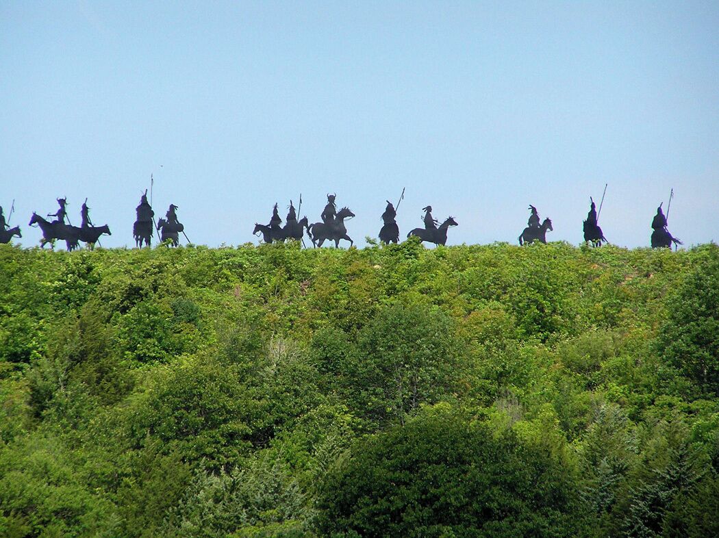 These life size metal statues of native Americans on their horses are on a hill overlooking Hominy, Oklahoma.  They were made by a local artist, Cha' Tullis whose gallery is in Hominy.