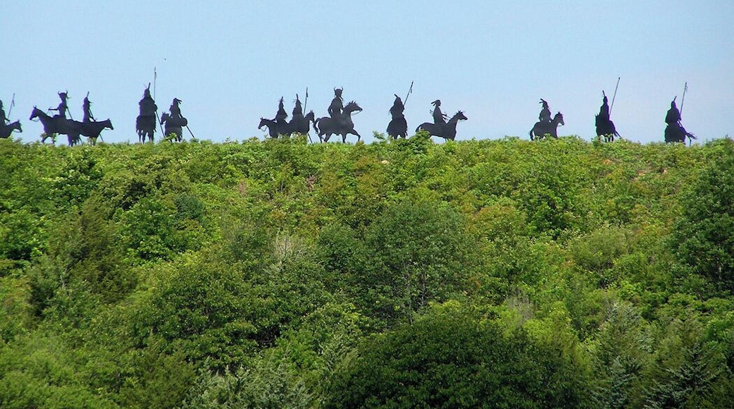 These life size metal statues of native Americans on their horses are on a hill overlooking Hominy, Oklahoma. They were made by a local artist, Cha' Tullis whose gallery is in Hominy.