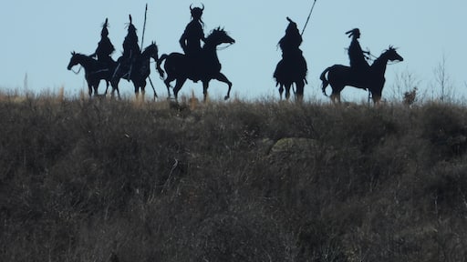 Life-size metal silhouettes of native Americans on the hill by Hominy, OK. Hominy is on the way to the Tall Grass Prairie on Highway 99.