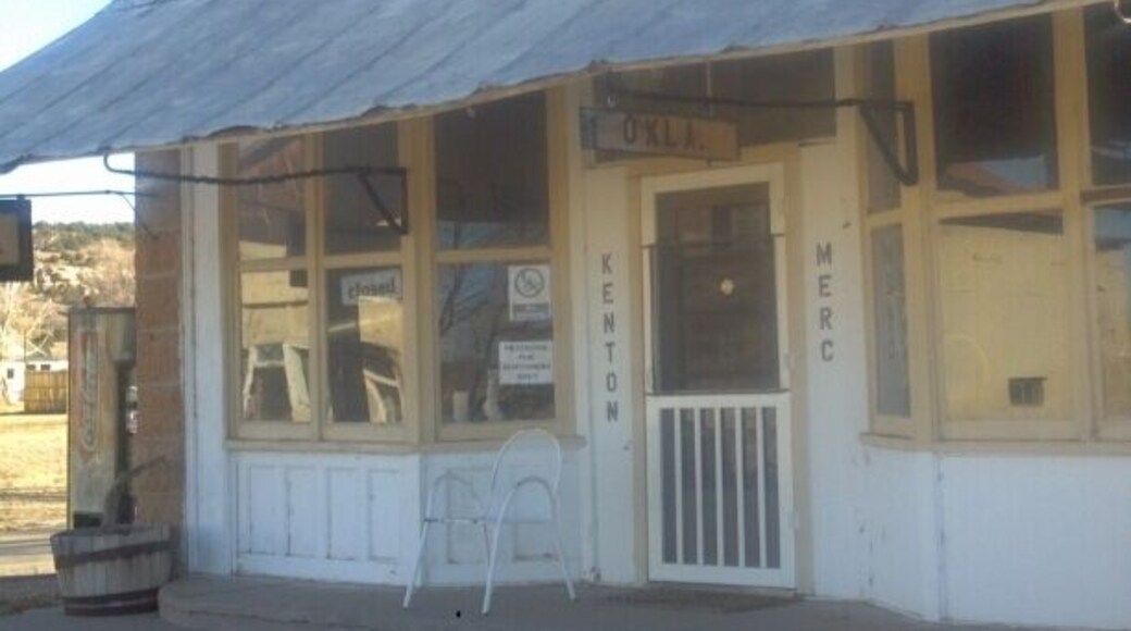 Kenton, Oklahoma is one of the most unexpected towns in the state. The 2010 census tells us that Kenton has a population of 17. This store, The Kenton Merc is opened irregularly. If you're lucky to blow through when they're open, drop in to check out the fossilized mammoth tooth and the baby rattler they keep inside.