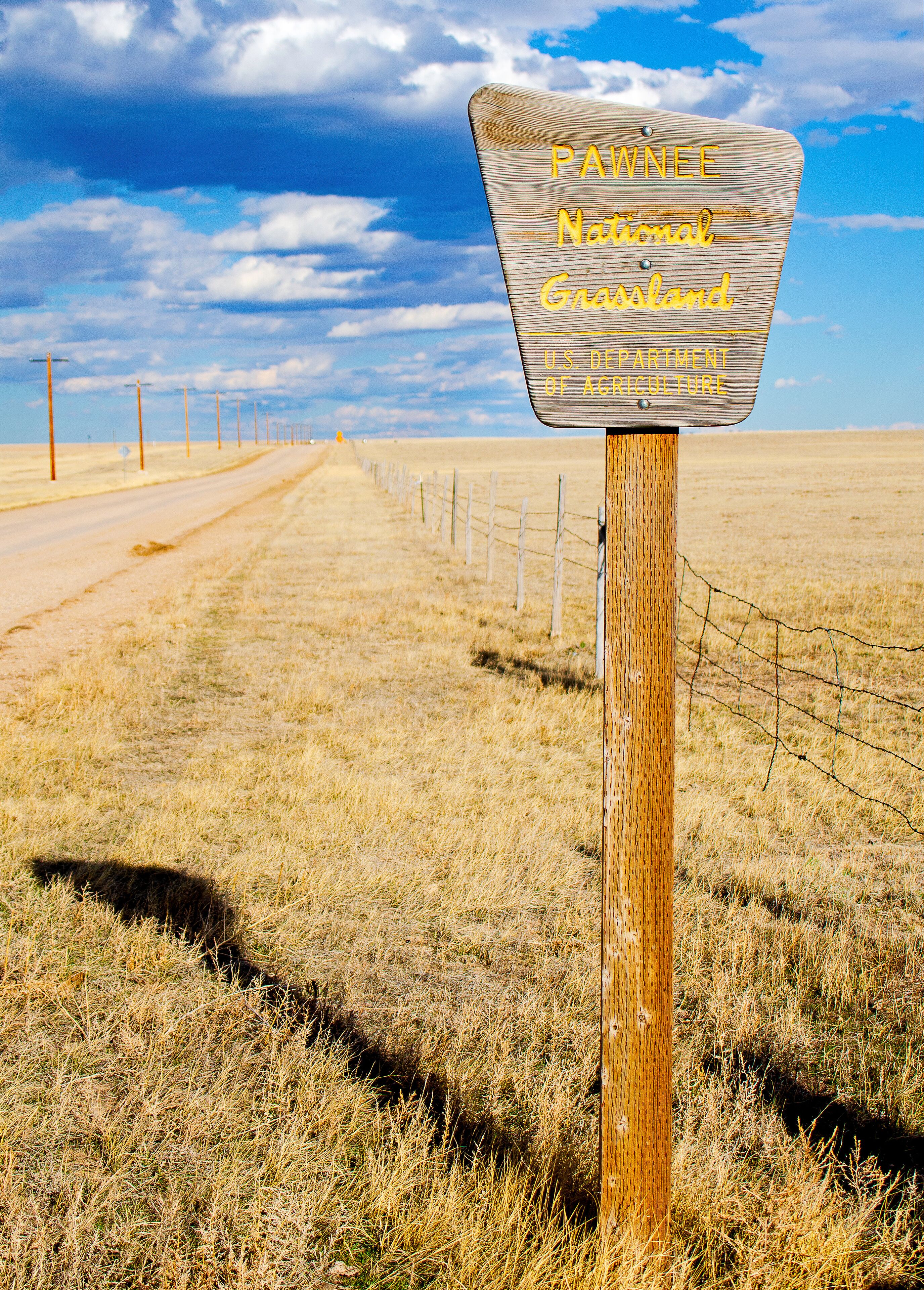 A wooden sign with yellow lettering that reads "PAWNEE National Grassland U.S. Department of Agriculture" in a grassy field with a fence and a dirt road in the background.