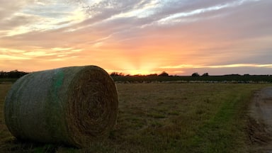 Un hacho de heno en un campo con un atardecer de fondo.
