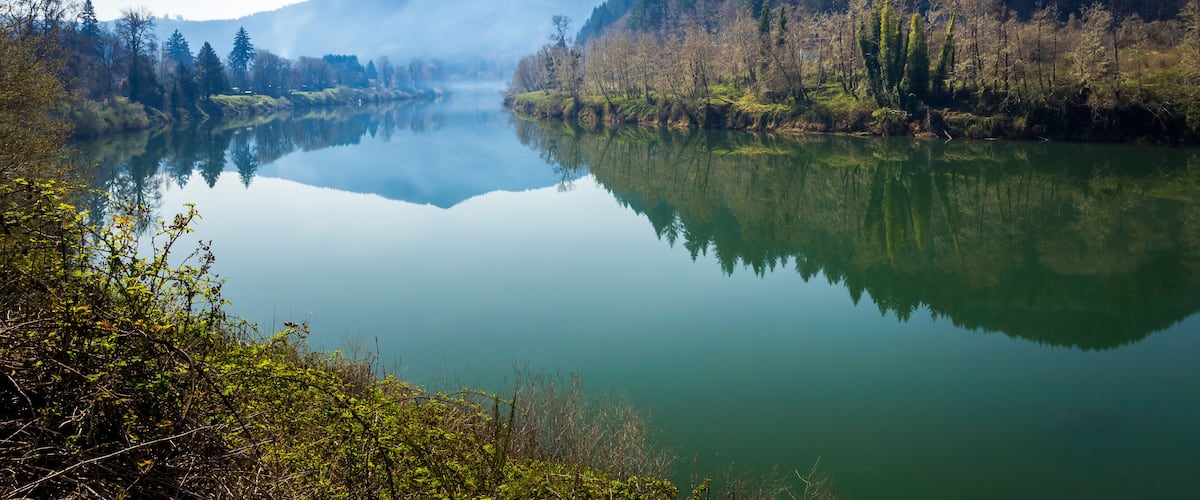 A calm lake surrounded by forested hills and mountains.