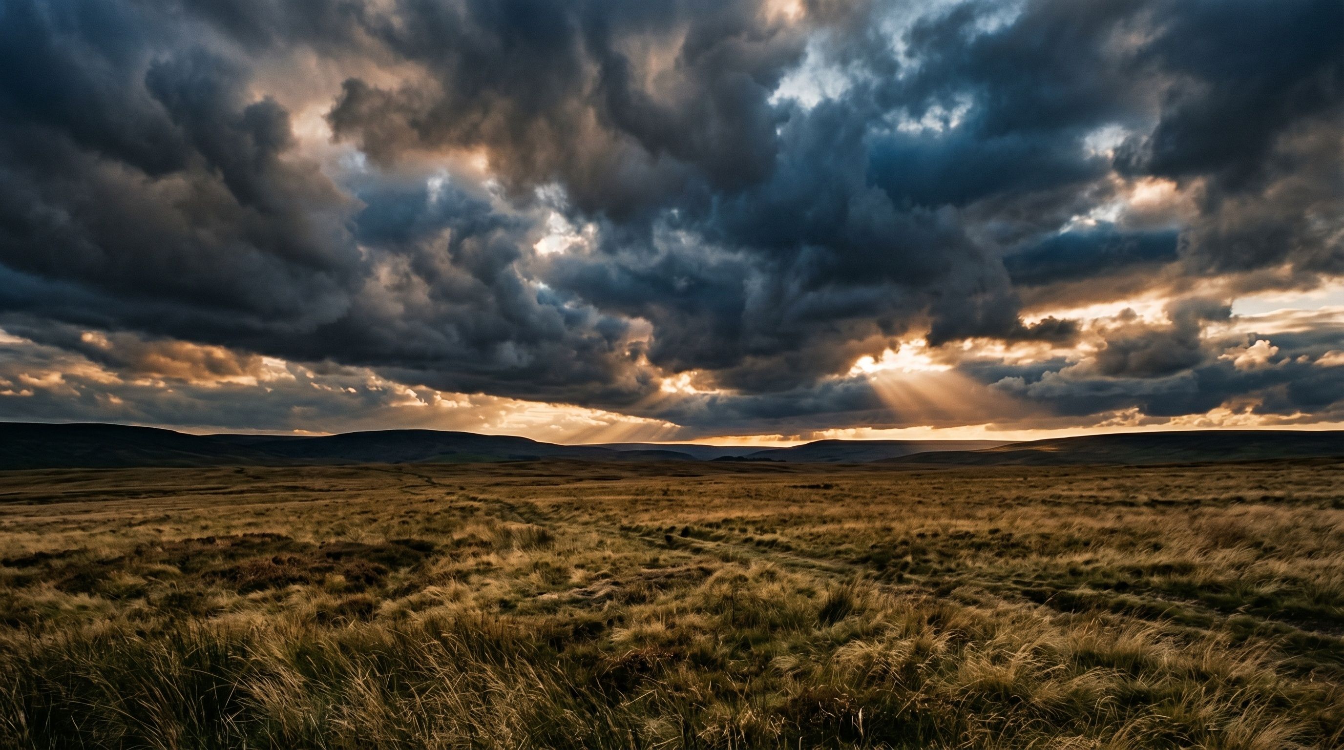 Ein weitläufiges, grasbewachsenes Feld unter einem stürmischen Himmel mit dunklen Wolken und einem Lichtschimmer der Sonne.