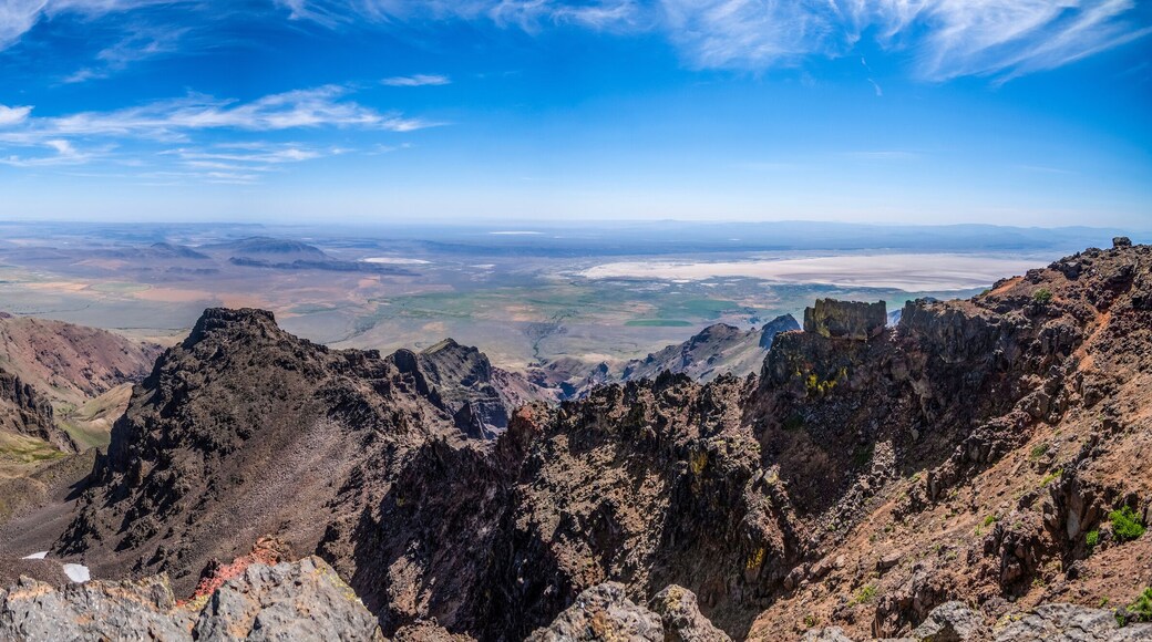 The jagged cliffs on the East side of the Steens Mountain Summit above the Alvord Desert in Southeastern Oregon; Frenchglen, Oregon, United States of America