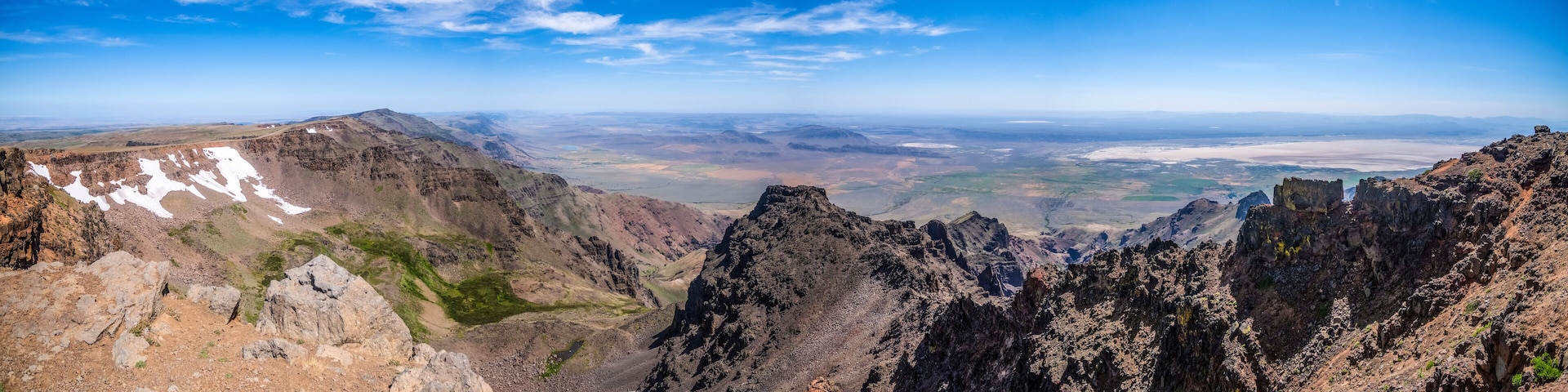 The jagged cliffs on the East side of the Steens Mountain Summit above the Alvord Desert in Southeastern Oregon; Frenchglen, Oregon, United States of America