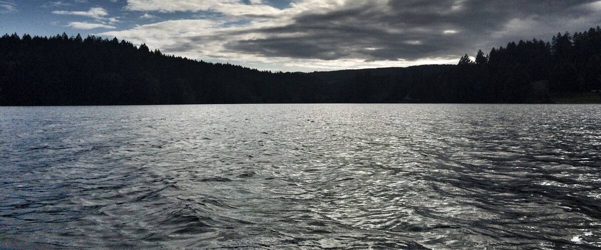 A lake with a forested shoreline and a cloudy sky.