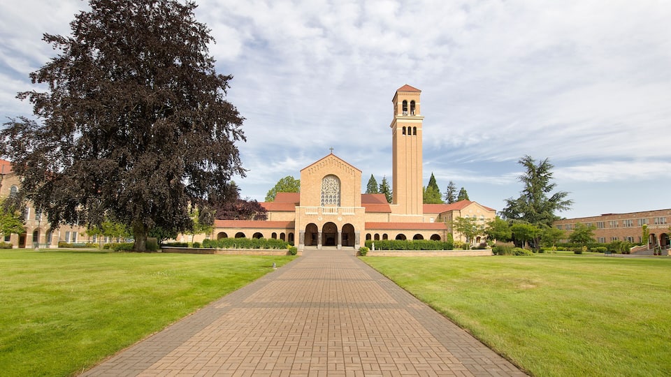 A brick pathway leading to a church with a tall tower and arched entrance.