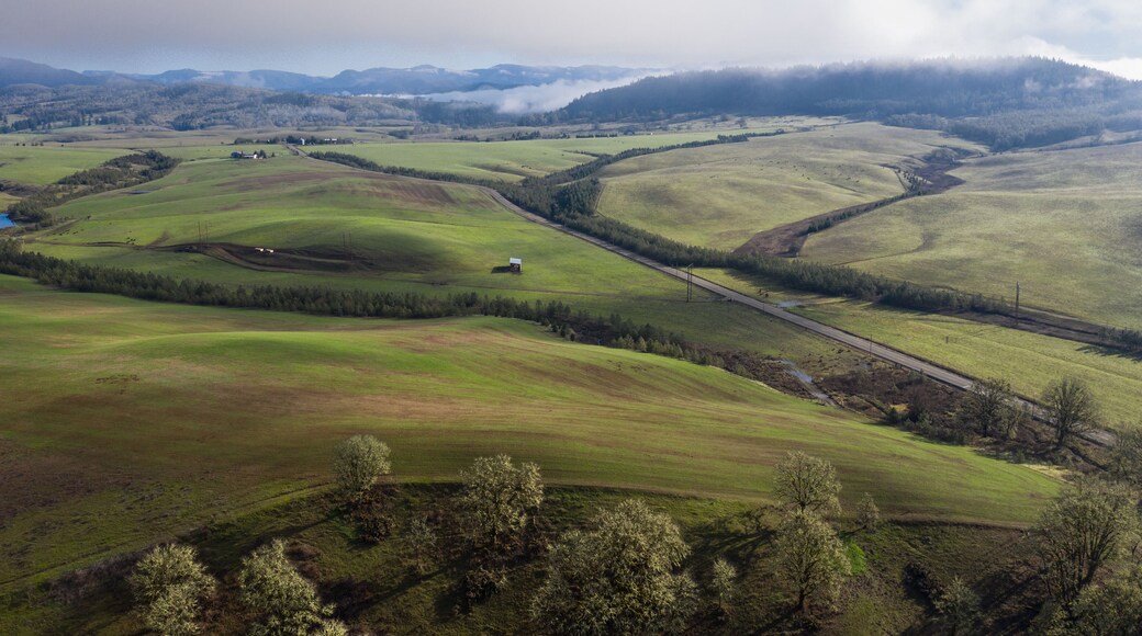 A low blanket of clouds drifts slowly over the rural landscape of central Oregon. This beautiful region is known for its extensive farming and nearby logging communities.