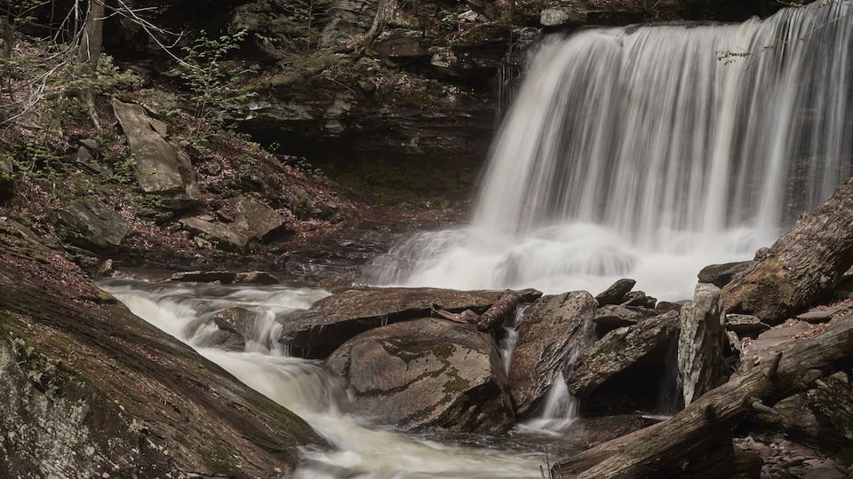 A waterfall cascading over rocks in a forested area.