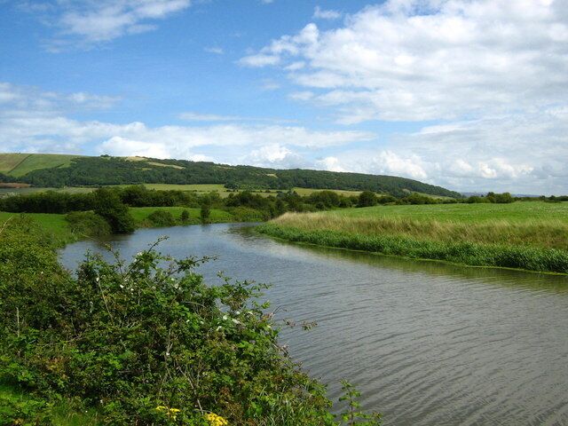 River Axe near Shiplate Looking east to the southern edge of the Mendip Hills.