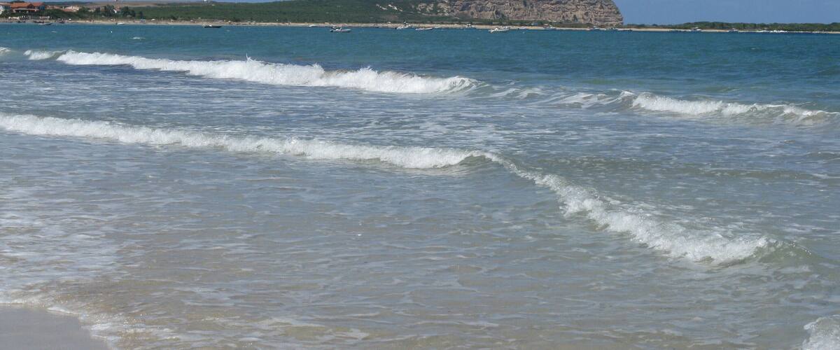 A beach with waves, a distant rocky cliff, and a clear sky.
