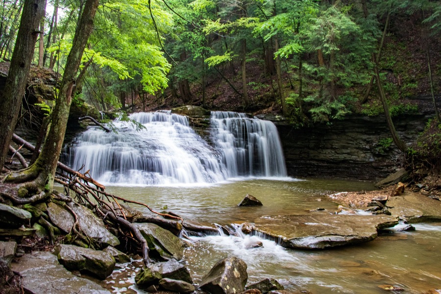 A waterfall in a forested area with rocky terrain and green foliage.