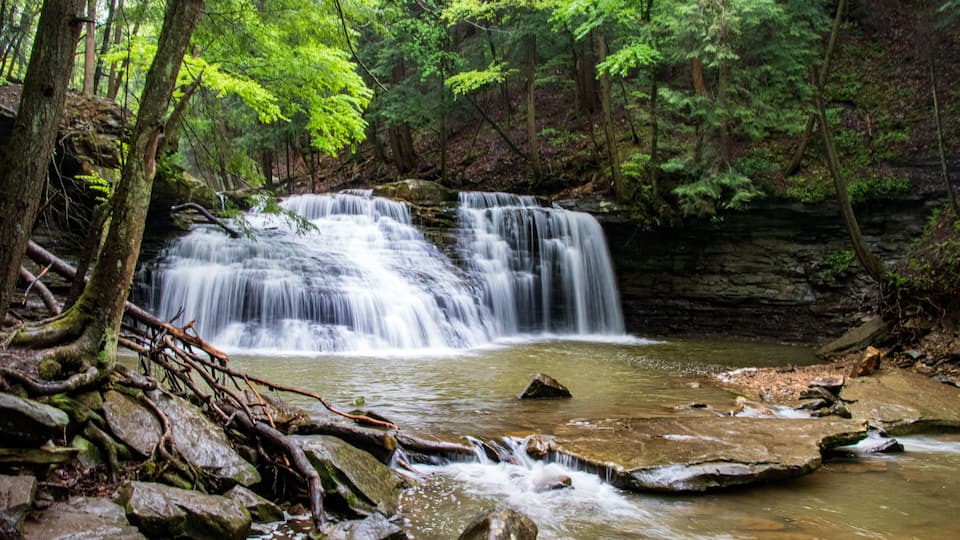 A waterfall in a forested area with rocky terrain and green foliage.
