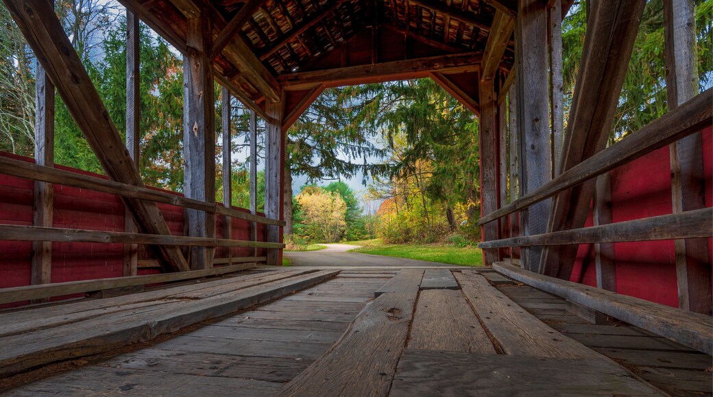 Inside a rustic, old covered bridge in Eastern Pennsylvania in autumn