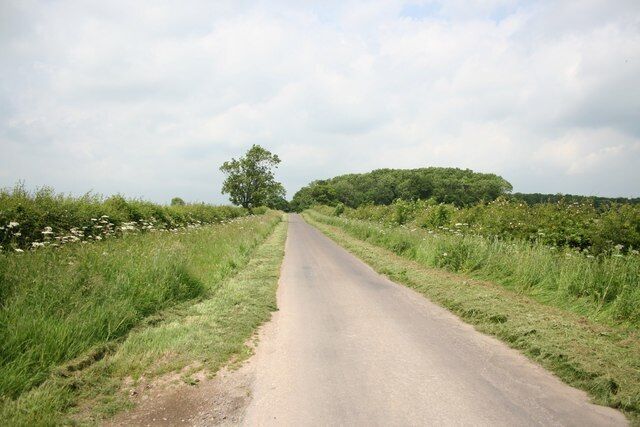 A rural road flanked by fields and a distant hill.