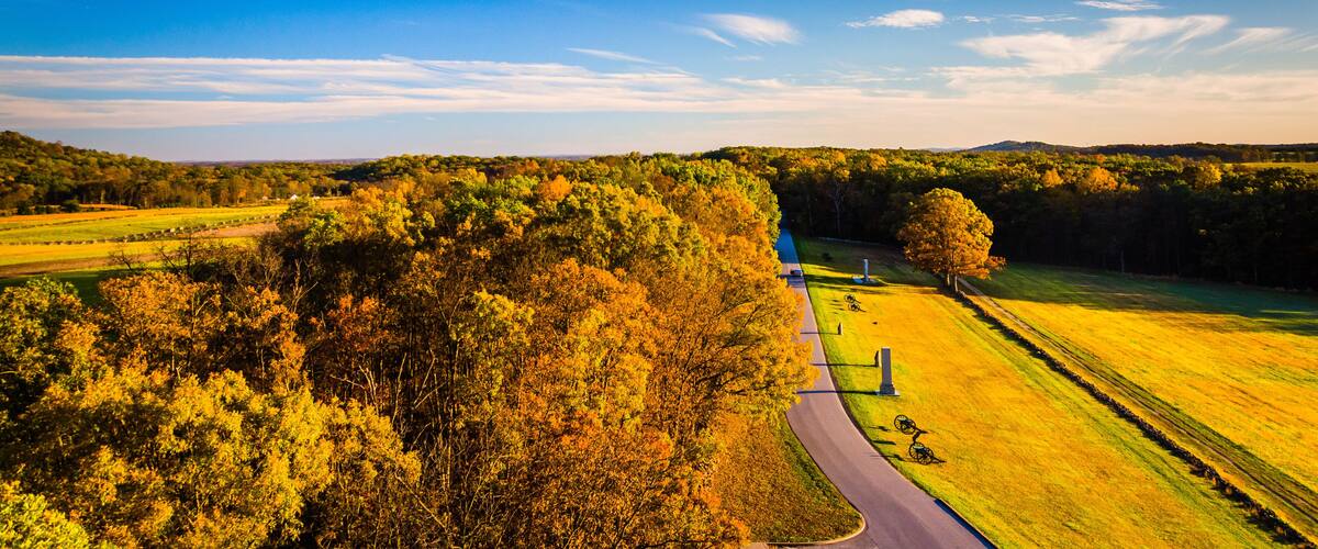 A rural landscape with a winding road, fields, and dense forest.