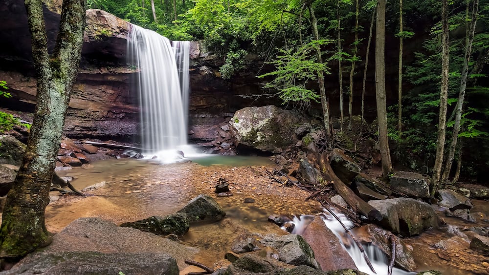 A waterfall surrounded by rocks and trees in a forest.