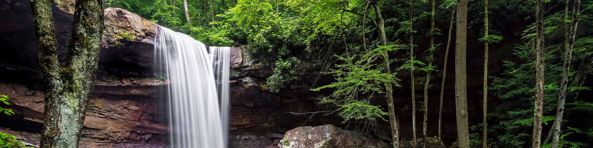 A waterfall surrounded by rocks and trees in a forest.
