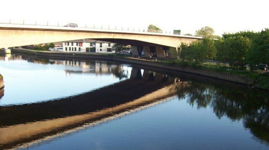 Ferrybridge This shot was taken from the original (John Carrs) bridge at Ferrybridge. The river is the River Aire and the large structure is the A1 Motorway bridge. The white building seen below the A1 is the Golden Lion public house.