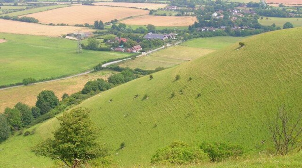 Escarpment, Edburton Hill Taken from the permissive footpath that leads to Castle Ring. Beyond is Perching Manor and Farm then the village of Fulking.