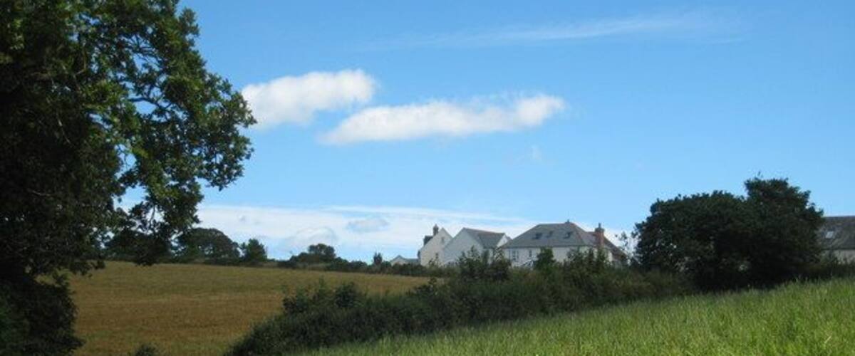 A rural landscape with a field, a large tree, and a house in the background.