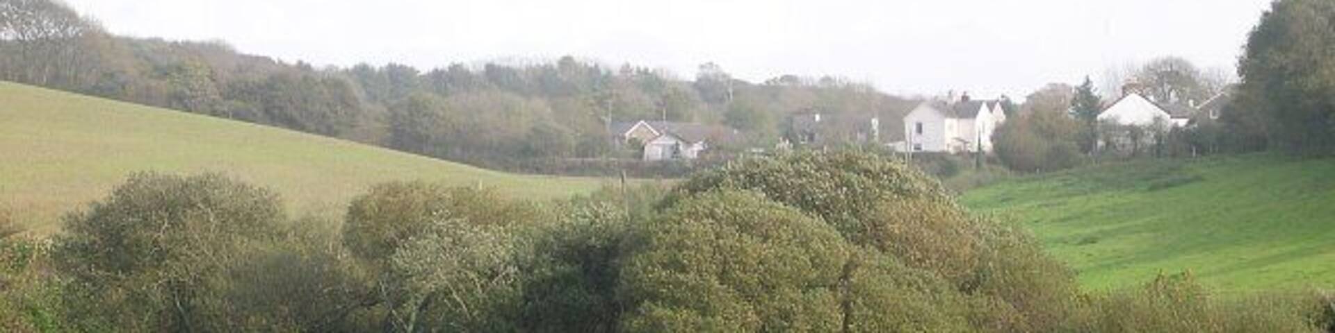 Sheviock. Looking east towards the village of Sheviock from Horsepool Road. The freshwater lake in the foreground has been artificially created.