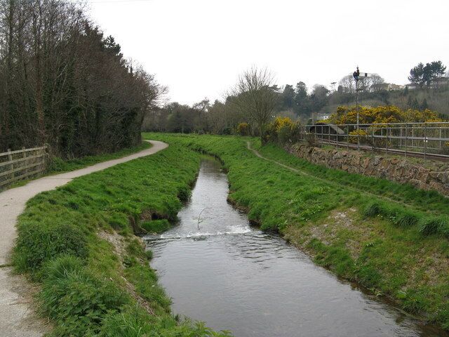 A small stream at St. Blazey. Just east of the railway line, this small stream tuns past the site of the former St. Blazey station in Cornwall