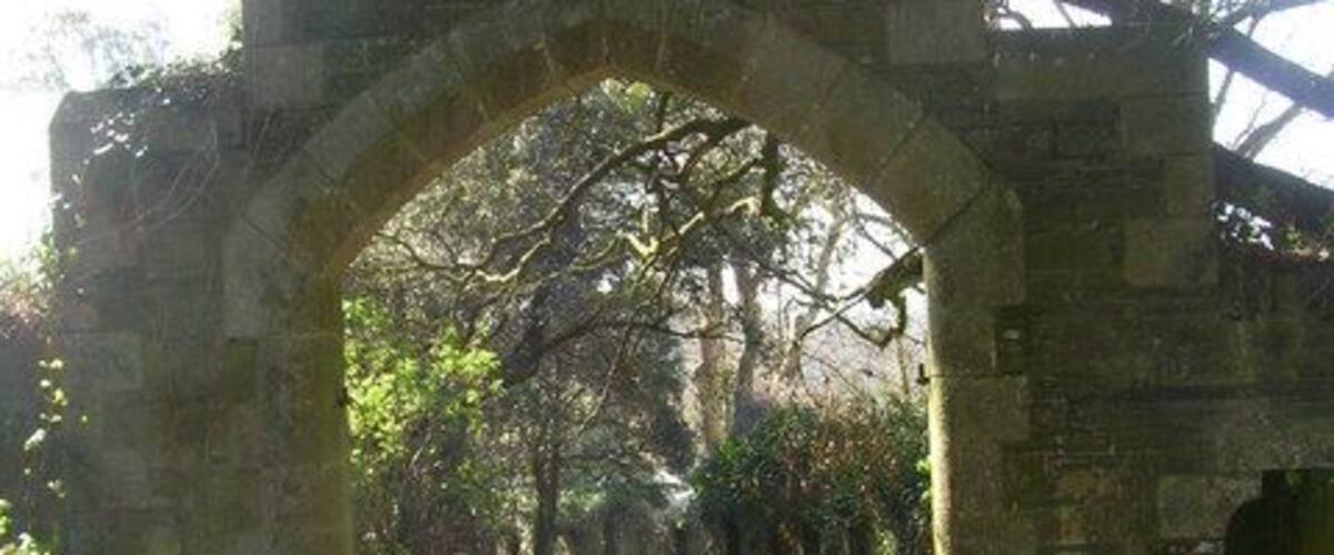 An old stone archway in a forested area with a dog walking nearby.