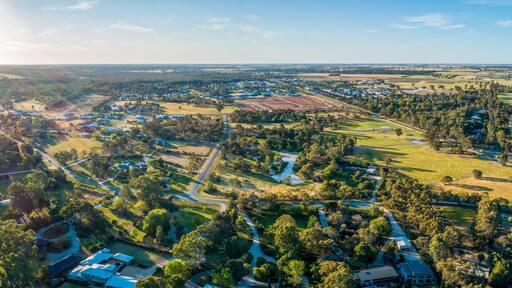 Aerial panorama of Moama town and Murray River at sunset