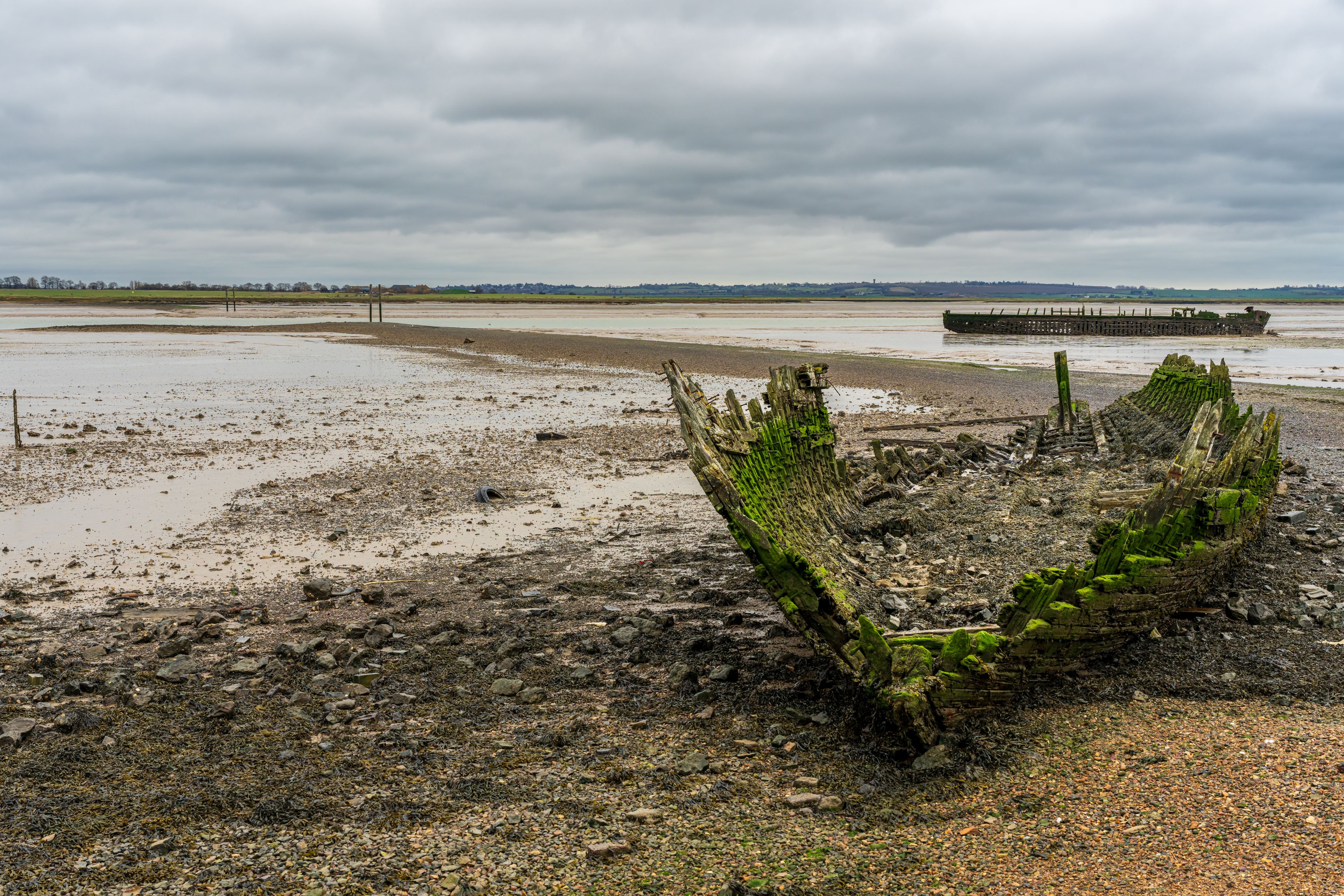 Two shipwrecks on the banks of The Swale near St Giles, Kent, England