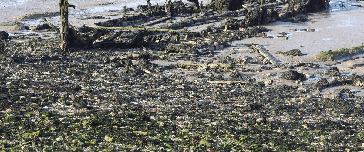 A beach with a large, eroded shipwreck.