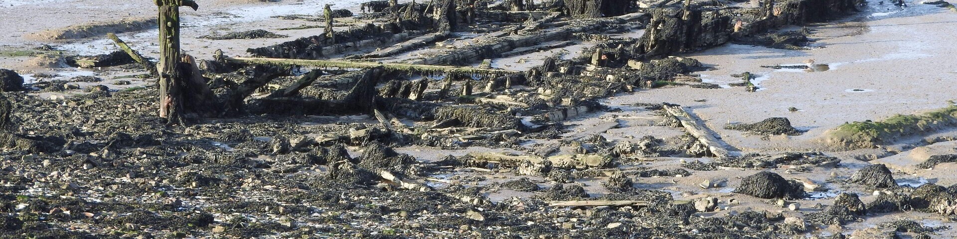 A beach with a large, eroded shipwreck.
