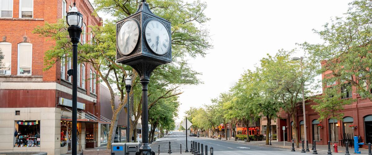 A street with a clock tower, brick buildings, and trees.