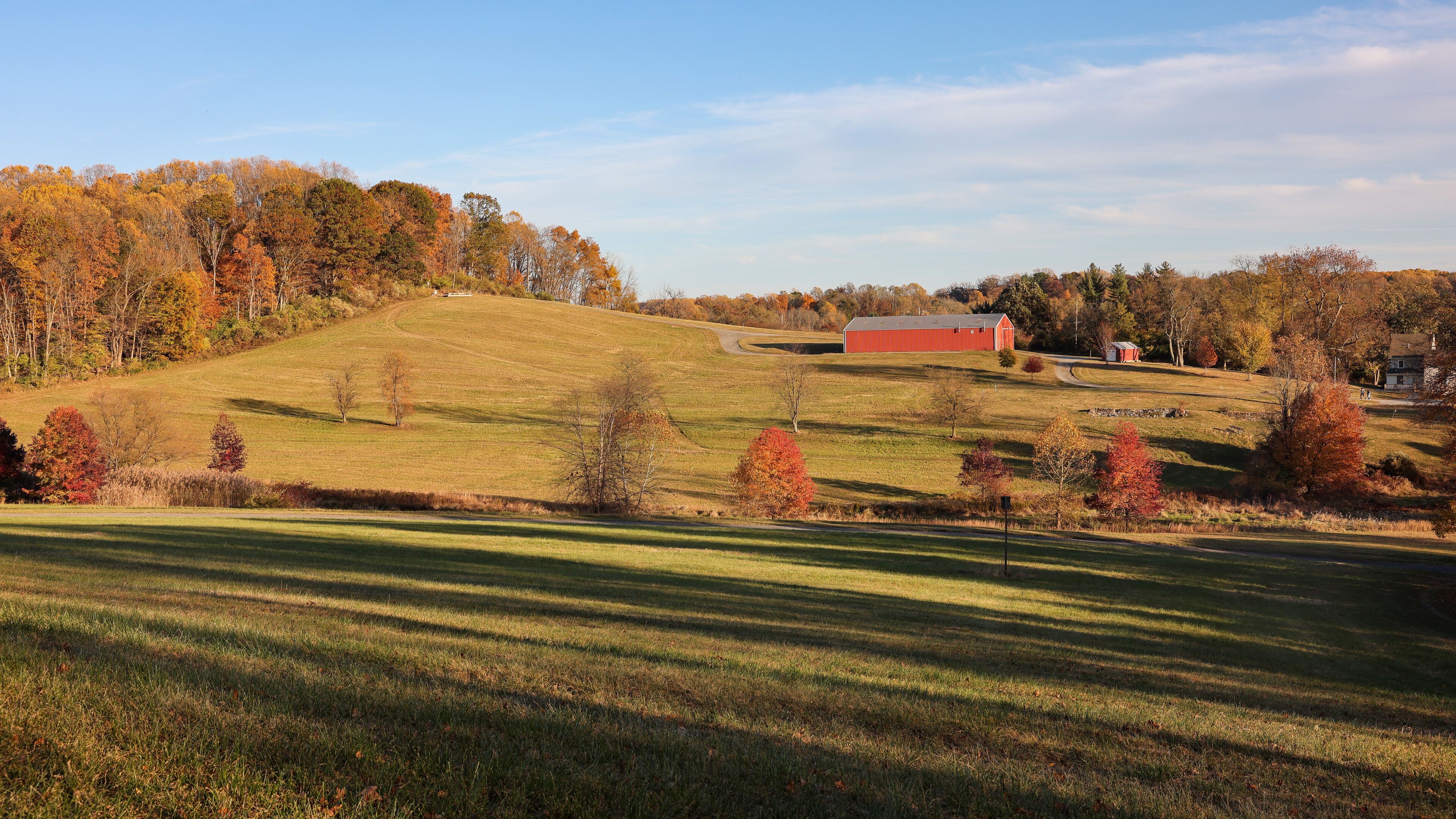 The scenery of Okehocking Preserve in the suburb of Philadelphia at sunset time in late autumn, Newtown Square, Pennsylvania, USA